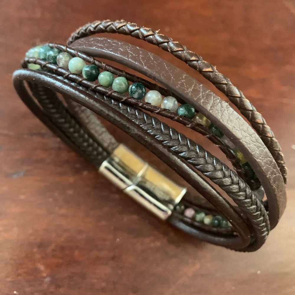 Multi-Strand Brown Leather and Stainless Steel Bracelet